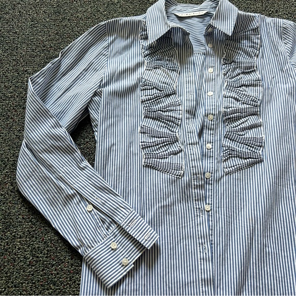 TRINA TURK Blue & White Striped Seersucker Button Down Top Shirt Ruffle Detail S - Picture 3 of 16